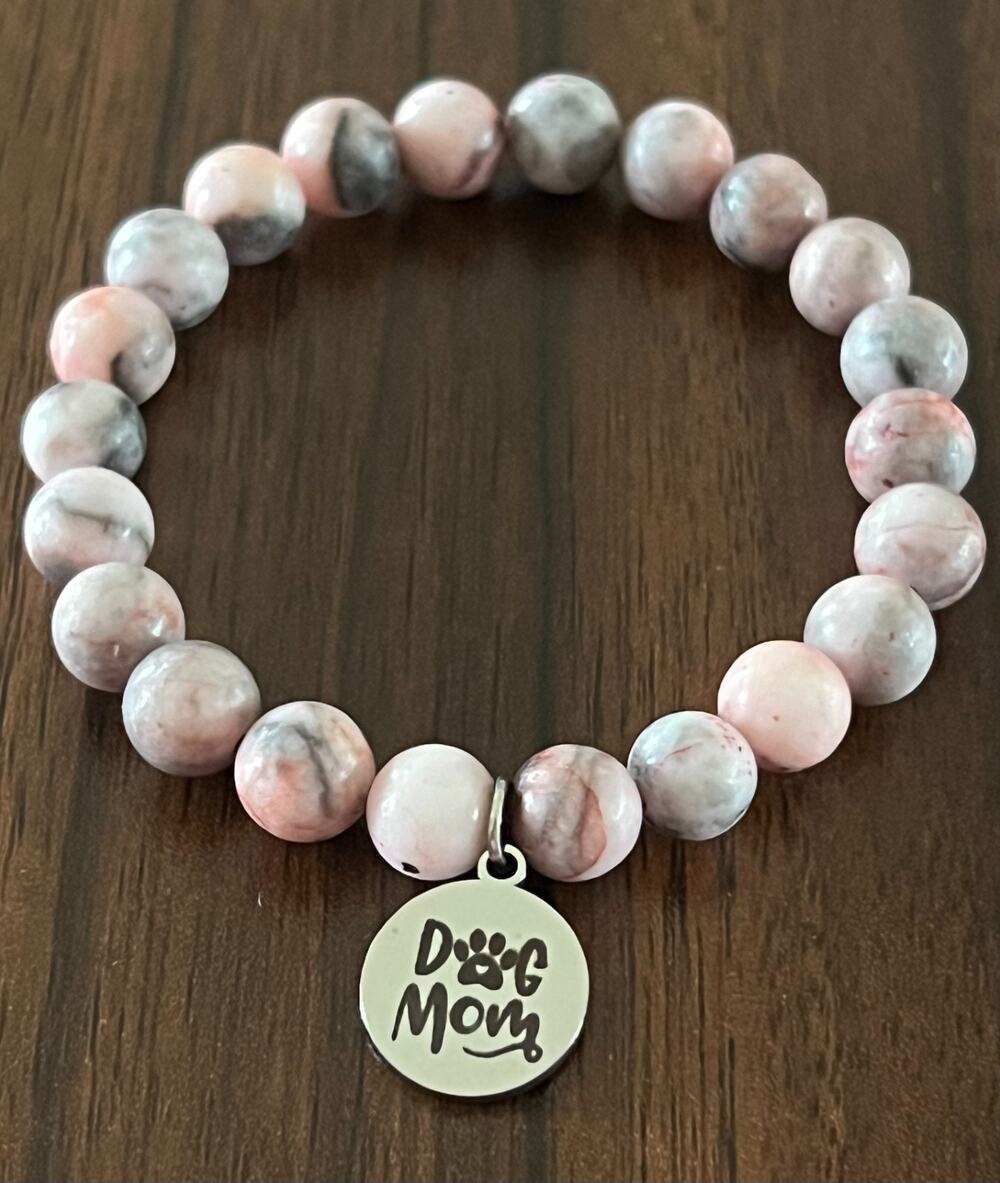 Pink Jasper Beaded Stretch Bracelet with Silver Tone "Dog Mom" Charm